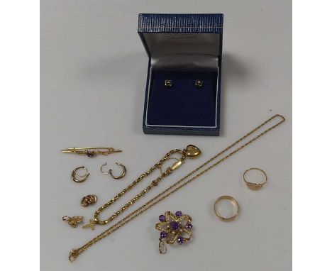 An amethyst and split pearl pendant brooch stamped '9CT', together with a hallmarked 9ct gold rope style chain, a pair of hal