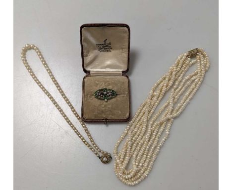 A cased split pearl, diamond and enamel brooch (a/f), together with a row of cultured pearls and a multi row of freshwater pe