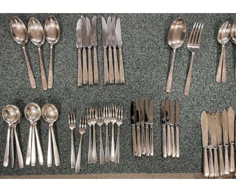 A collection of Mappin & Webb silver plated flatware, comprising eight table forks, eight dessert forks, eight fish knives, e