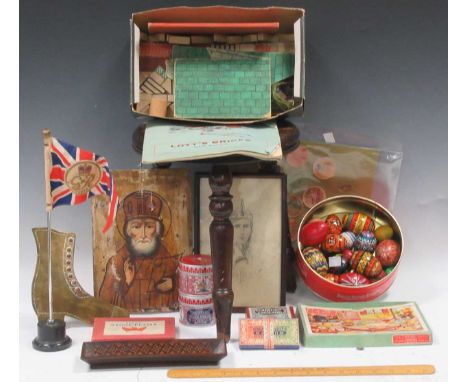 A Fern ware tripod stool, a Mauchline pintray, a treen chess set circa 1900, sundry national costume dolls, 20th century and 