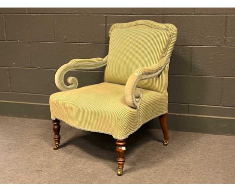 An easy armchair with scroll arms, and an Edwardian button back easy armchair in blue upholstery (2)