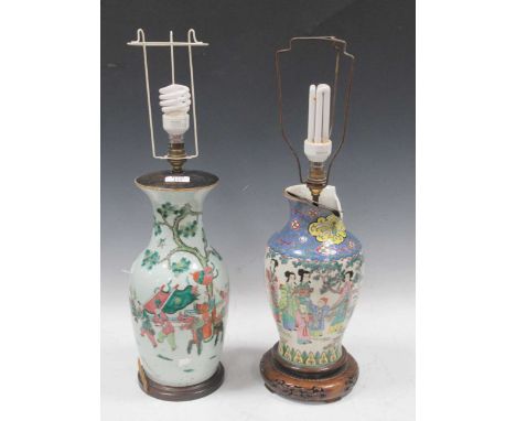 A Chinese Famille rose table lamp, Republic Period 35cm high excluding fittings; and another decorated with figures, a.f  31c