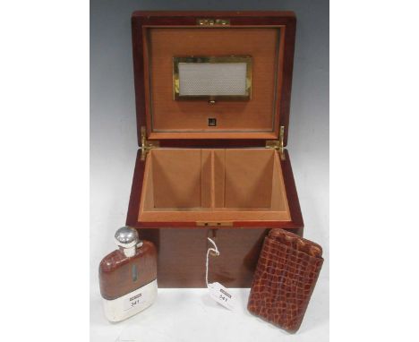 A wooden cigar humidor by Dunhill, together with a 4 section cigar sleeve and silver plated hip flask (3)