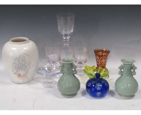 A Poole pottery vase, pair of celadon colour vases, Watrford bowl and other glassware