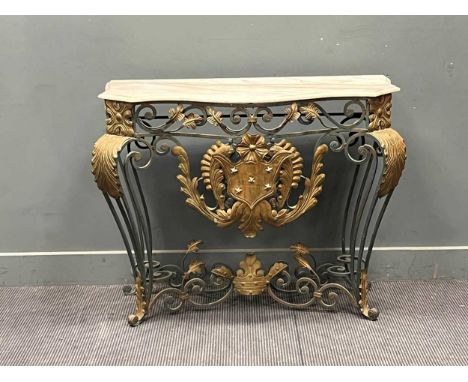 A French metal and marble topped console table 77.5cms x 107cms x 44cms 