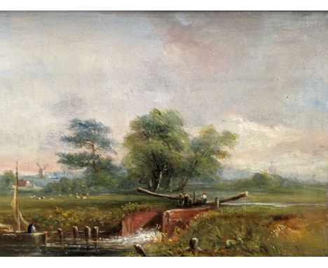 Norwich School (19th Century) A rural river landscape with a lock gateoil on panelMandell's Gallery label verso and a further