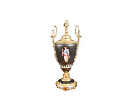 A gilt metal mounted Continental porcelain table lamp, late 19th century,  the urn form body painted with neoclassical maiden