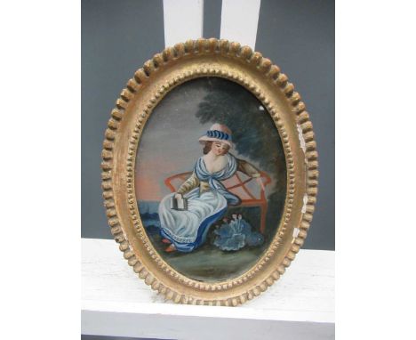 Reverse glass painting of a lady seated on a garden bench 16.5cm x 11cm