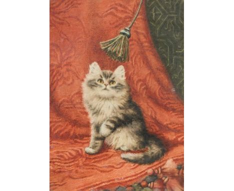 Follower of Henriette Ronner A kitten playing with a tasselwatercolour33 x 23cmSmall scattered patches of white mould, partic