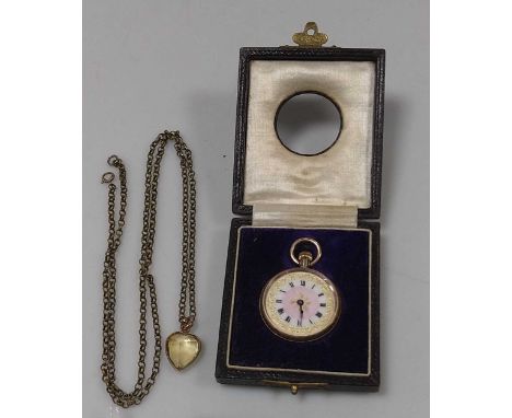 A 9ct gold lady's fob watch, cased, together with a gold plated chain and pendant