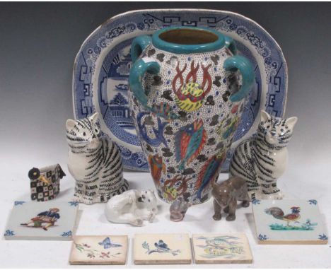 A Royal Copenhagen polar bear, a Bing &amp; Grondahl brown bear and rat, together with two ceramic seated cats, a Continental