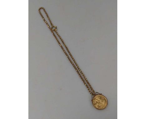 A full sovereign pendant dated 1896 on a base metail chain, gross weight 20.2g