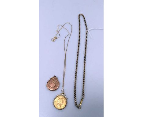 A full sovereign dated 1965 on a chain stamped '9CT, together with a chain tested as 9ct gold and a hallmarked 9ct gold locke