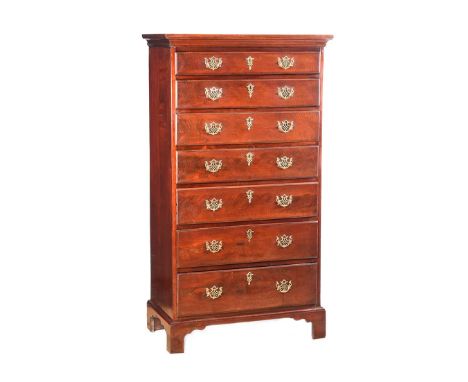 GEORGIAN MAHOGANY TALLBOY CHEST OF SEVEN DRAWERS WITH BRASS DROP HANDLES. RAISED ON BRACKET FEET. HEIGHT: 60 INCHES.WIDTH: 32