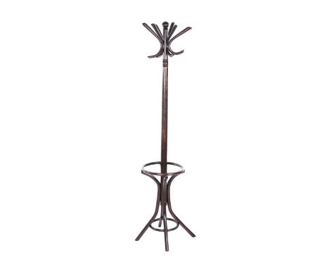 BENTWOOD HAT & COAT STAND FITTED WITH SIX HOOKS & UMBRELLA COMPARTMENT TO CENTRE. RAISED ON FOUR SPLAYED LEGS. HEIGHT: 77 INC