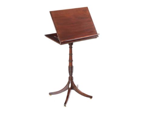 REGENCY MAHOGANY MUSIC STAND WITH TURNED COLUMN. RAISED ON FOUR SPLAYED LEGS WITH BRASS BALL FEET. HEIGHT: 35 INCHES. WIDTH: 