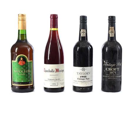 1 BOTTLE CROFT 1975 PORT. 1 BOTTLE NAPOLEAN BRANDY. 1 BOTTLE TAYLOR'S 1985 PORT. 1 BOTTLE CHAMBOLLE-MUSIGNY. WEAR TO LABELS.