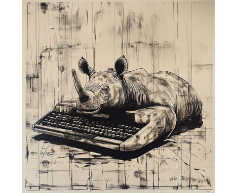 Kouamé BROU (Né en 1978) The Typing Rhino,2024. Sérigraphie en couleurs sur papier d'art 300mg. Signé et numérotée. Edition d