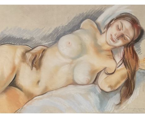 ECOLE MODERNE Femme nue allongée. Pastel sur papier, porte une signature et daté 1934 en bas à droite. 39 x 52 cm 