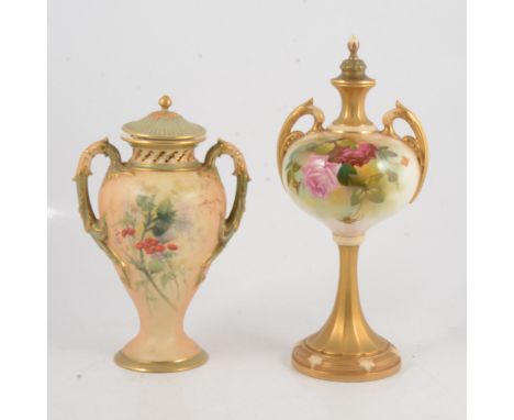 Two Royal Worcester blush ivory vases and covers, one with swollen body with twin-handles raised on a slender pedestal, paint