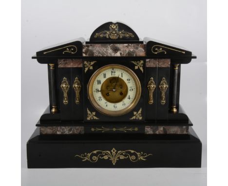 Victorian slate mantle clock, the case of architectural form, gilt metal mounts, circular dial with visible escapement, cylin