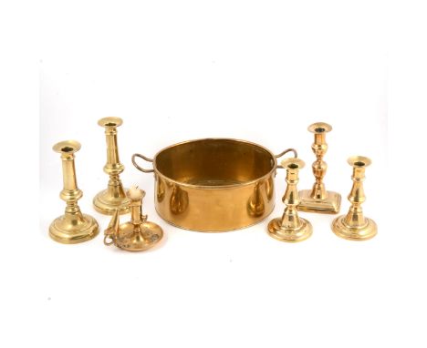 Arts &amp; Crafts beaten copper tray, 65x35cm, and other metalware including brass candlesticks, planter, tray, various china