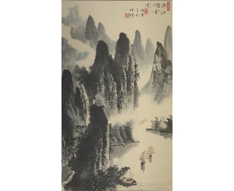 Chinese school, Mountainous landscape with river, watercolour on paper scroll, framed, visible 28 x 52cm; and other pictures 