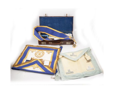 Masonic interest; Regalia including two aprons, sash with pendant badge, silver gilt badge 'Lodge of The Round Table', other 