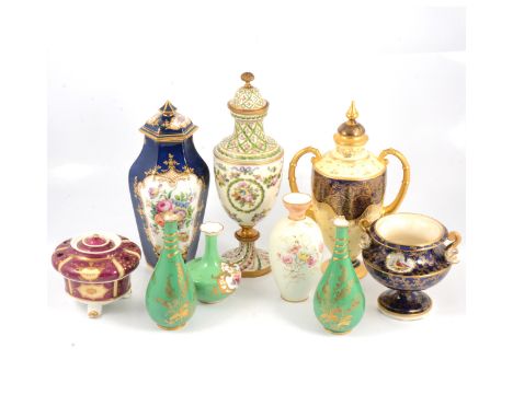 Quantity of decorative ceramic vases, including Crown Derby vase painted with floral spray, 16cm; another Derby vase with flo