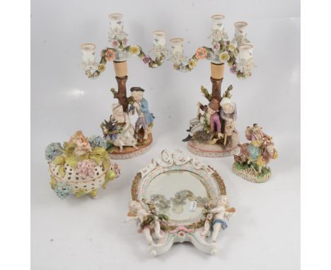 Pair of Continental porcelain figural three-branch candelabra, 33cm, a Continental porcelain framed mirror, 32cm; a posy bask