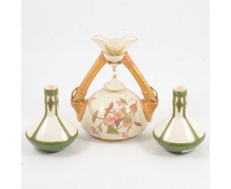 Royal Worcester ivory ground vase, no 1090, gilt handles, hand-painted flowers, 20cm, chipped; and a pair of Villeroy &amp; B