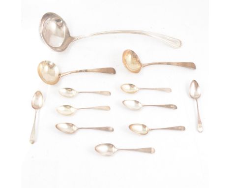 Pair of George III silver ladles, marks worn; a small collection of silver teaspoons and a silver plated ladle.