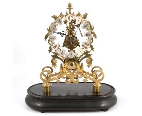 Brass skeleton clock, silvered chapter ring, single fusee movement, ebonised plinth, lacking dome, height 42cm.
