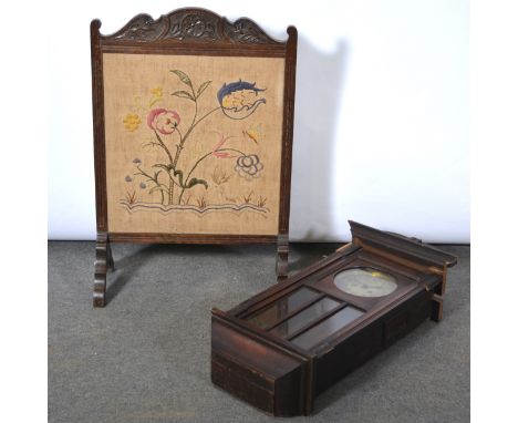 Oak wall clock, glazed door, damaged, and a firescreen.