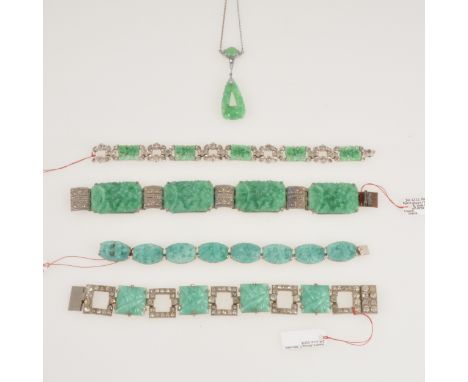 A small simulated jade bracelet, with eight carved panels, 16cm; a 1930s Trifari Art Deco paste and simulated jade ten link b