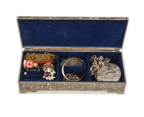 A jewel box with silver and costume jewellery, a silver curb link charm bracelet with padlock fastener and six charms; an 833