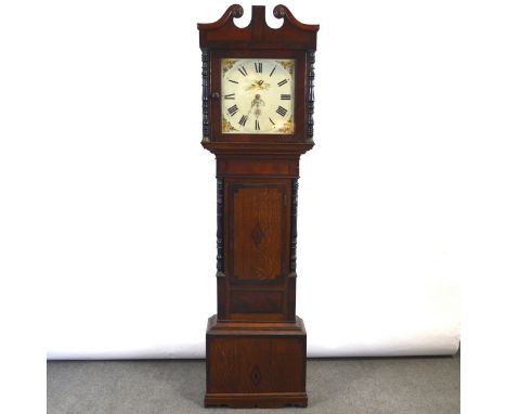 Oak and mahogany longcase clock, swan neck pdeiment and the hood with turned columns, trunk with short door, turned columns, 