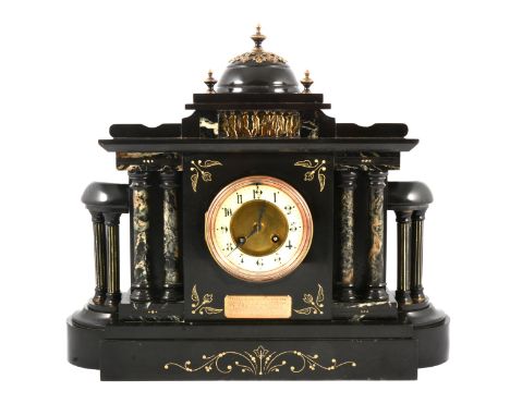 Victorian slate mantle clock, architectural case with marble columns and brass mounts, engraved presentation plaque, circular