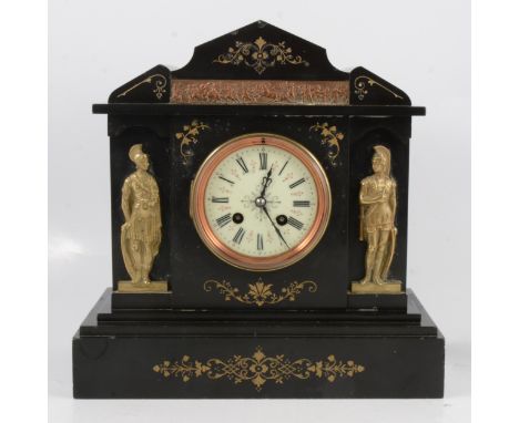 Victorian slate mantle clock, the case of architectural form, silt metal mounts, circular dial, cylinder movement striking on