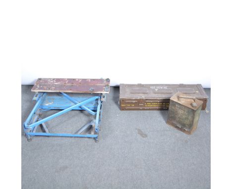 Quantity of old hand tools, in two tin boxes, folding workmate and a fuel can.