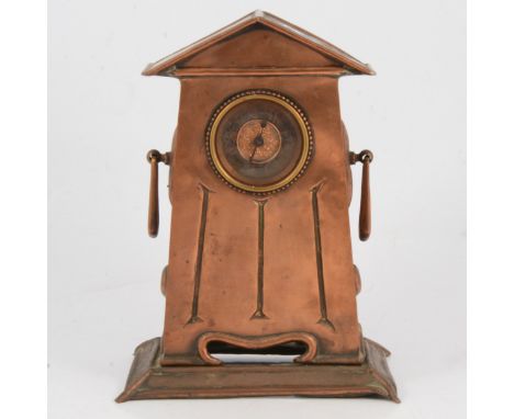 Arts &amp; Crafts copper mantle clock, architectural pediment, the sides with loop handles, scrolled base, rectangular plinth