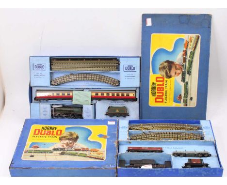 Two Hornby-Dublo 3-rail train sets, EDG18 2-6-4 tank goods set with 3 wagons and track. Overall (G) but (BP); with Duchess of