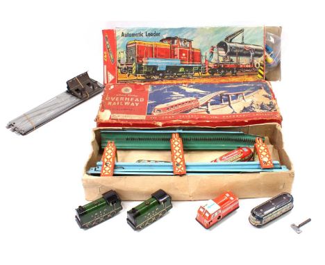 Three tinplate automatic railway toys: Chad Valley Overhead Railway set, appears complete (E- BP); Marke Technofix Automatic 