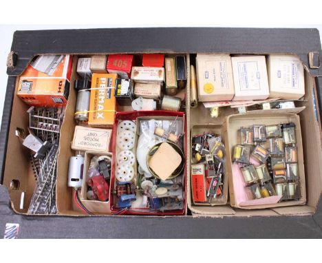 Large tray of electrical items from a modeller’s workshop: 17 relays; some H&amp;M switch blocks; 4 Peco point motors – new; 