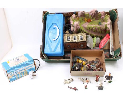 Two trays of lineside accessories including hillside, engine shed, cantilever style toolbox containing figures etc, H&amp;M F