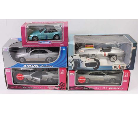 Five various boxed 1/18 and 1/24 scale Mercedes related diecast vehicles to include a Polistil 1/18 scale model of a Mercedes