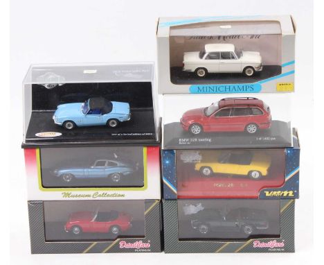 Seven various boxed 1/43 scale modern release diecast vehicles by Minichamps, Kyosho, and others, examples to include a Minic