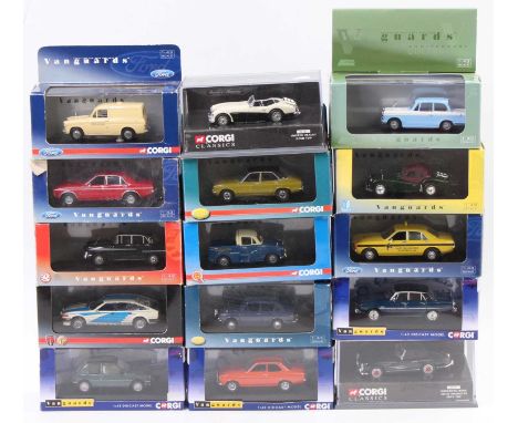 A Vanguards 1/43 scale plastic cased and boxed diecast group, together with a quantity of Corgi Classics diecasts, 15 example