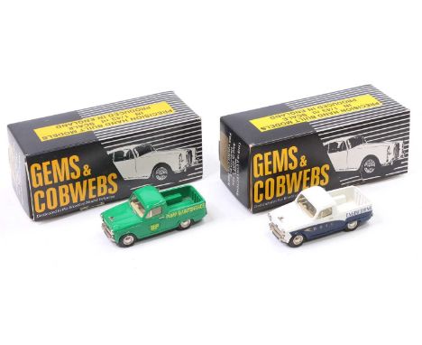 A Gems &amp; Cobwebs 1/43 scale white metal Austin A60 pick-up truck vehicle group, two examples to include No. GC31B Austin 