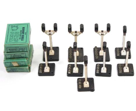 Hornby-Dublo switches and colour light signals: four green switches for the signals with 3 junction signals and 6 single sign